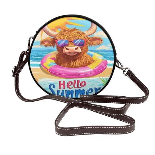 Highland Cow In Sonnenbrille Schwimmring Frauen Runde Crossbody Taschen Leder Sling Bag Geldbörse von Woshuwo