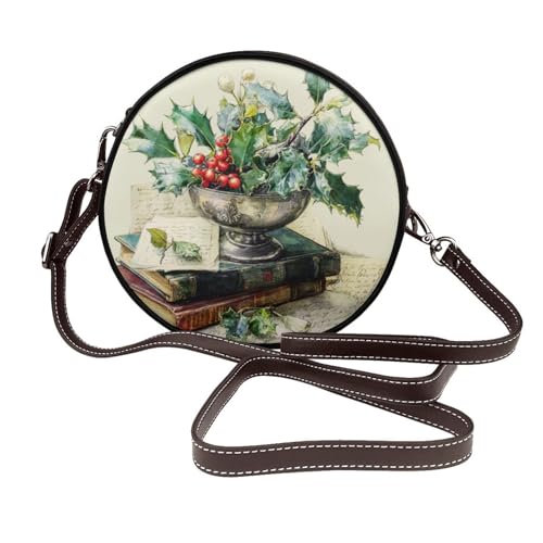 Holly Mistelzweig in antiker Schale für Damen, runde Umhängetasche, Leder, Schultertasche von Woshuwo