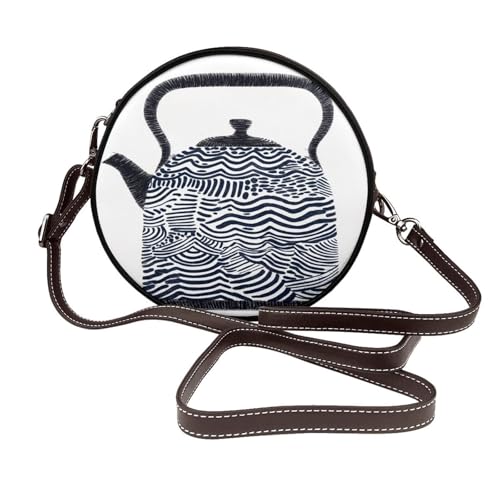 Kettle Hand Damen-Umhängetasche, rund, Leder, Schultertasche von Woshuwo