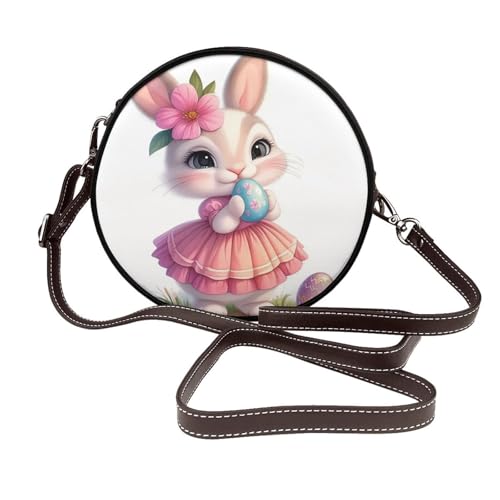 Kleine Hase trägt rosa Kleid Blume Frauen Runde Umhängetasche Leder Sling Bag Geldbörse von Woshuwo