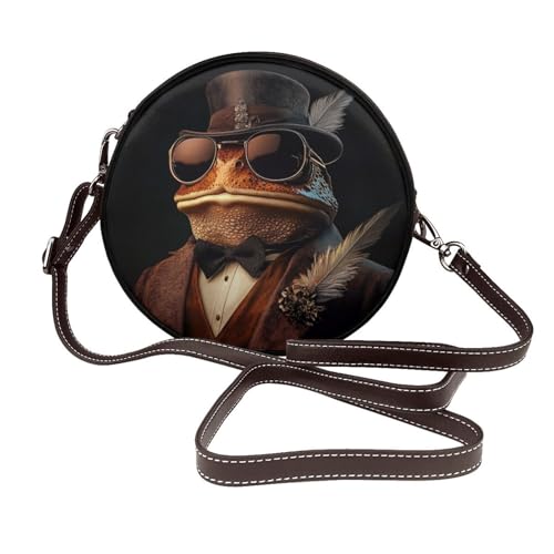 Kröte mit Sonnenbrille und Hut, für Damen, runde Umhängetasche, Leder-Tragetasche, Geldbörse von Woshuwo