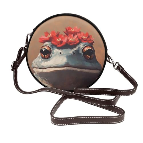 Kröte mit roten Kaktusblumen, runde Umhängetasche, Leder, Schultertasche von Woshuwo