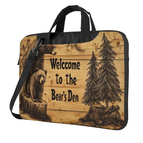 Laptoptasche mit Holzschild, zwei Bären, Kiefernbäume, Laptoptasche, 39,6 cm (15,6 Zoll), gepolsterte Hülle für Damen und Herren von Woshuwo