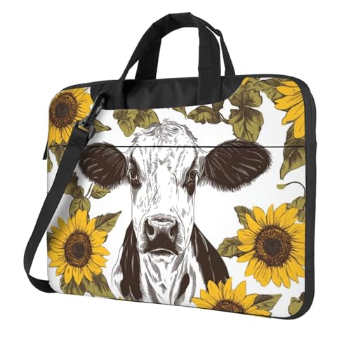 Laptoptasche mit Kuhdruck und Sonnenblumen, 39,6 cm (15,6 Zoll), gepolsterte Hülle für Damen und Herren von Woshuwo