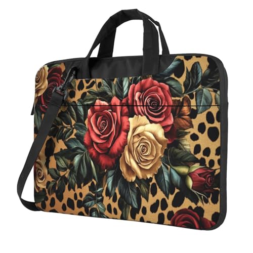 Laptoptasche mit Leopardenmuster und Rosen und Blättern, 39,6 cm (15,6 Zoll), gepolsterte Hülle für Damen und Herren von Woshuwo