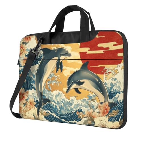 Laptoptasche mit zwei Delfinen, japanische Kunst, 39,6 cm (15,6 Zoll), gepolsterte Hülle für Damen und Herren von Woshuwo