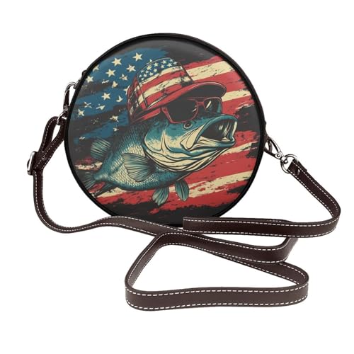 Largemouth Umhängetasche für Damen, Bass, mit Sonnenbrille, rund, Leder, Schultertasche von Woshuwo