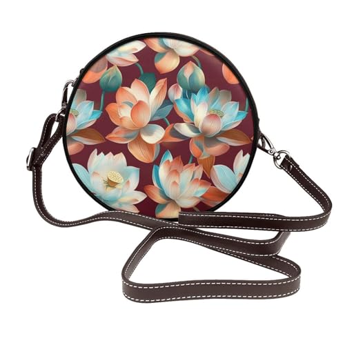 Lotus Flowers Damen-Umhängetasche, rund, Leder, Schultertasche von Woshuwo