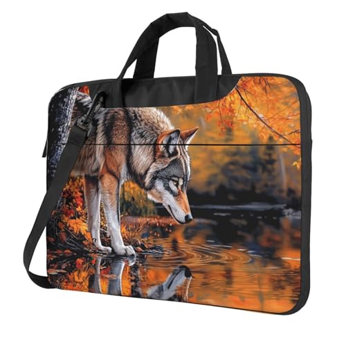 Majestic Wolf Forest Water Autumn Leaves Laptoptasche Laptoptasche 15,6 Zoll Computertaschen Gepolsterte Hülle für Damen Herren von Woshuwo