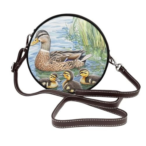 Mallard Ducks Damen-Umhängetasche, rund, Leder, Schultertasche von Woshuwo