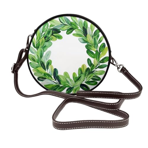 Minimalistische Aquarell-Buchsbaumkranz, runde Umhängetasche, Leder, Schultertasche von Woshuwo