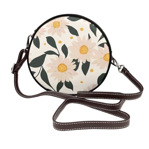 Minimalistisches Blumenmuster für Damen, runde Umhängetasche, Leder, Schultertasche von Woshuwo