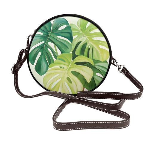Monstera Damen-Umhängetasche, Blumenblätter, rund, Leder, Schultertasche von Woshuwo