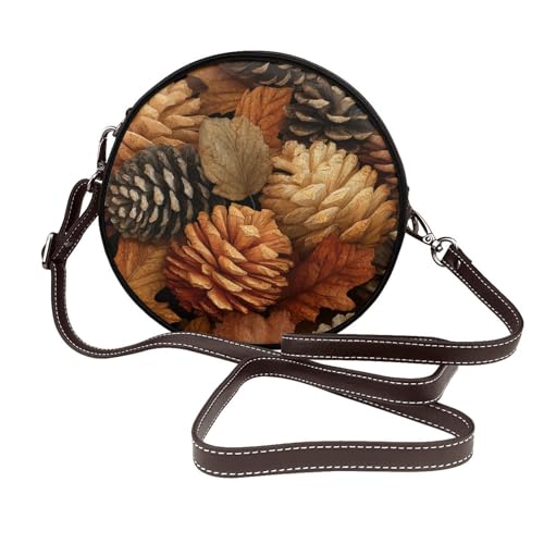 Muster von Tannenzapfen für Damen, runde Umhängetasche, Leder, Schultertasche von Woshuwo