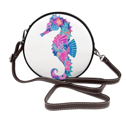 Neon Seepferdchen Tropisches Blumenmuster Damen Runde Umhängetasche Leder Sling Bag Geldbörse von Woshuwo