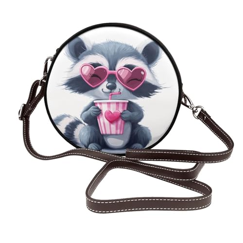 Niedliche Waschbär-Sonnenbrille in Herzform für Damen, runde Umhängetasche, Leder-Tragetasche, Geldbörse von Woshuwo