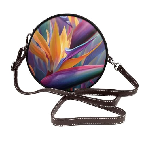 Paradiesvogel Blume Damen Runde Umhängetasche Leder Sling Bag Geldbörse von Woshuwo