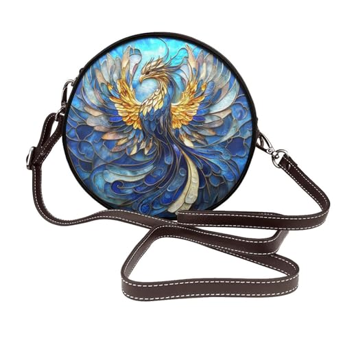 Phoenix Umhängetasche für Damen, aus Buntglas, rund, Leder, Schultertasche von Woshuwo