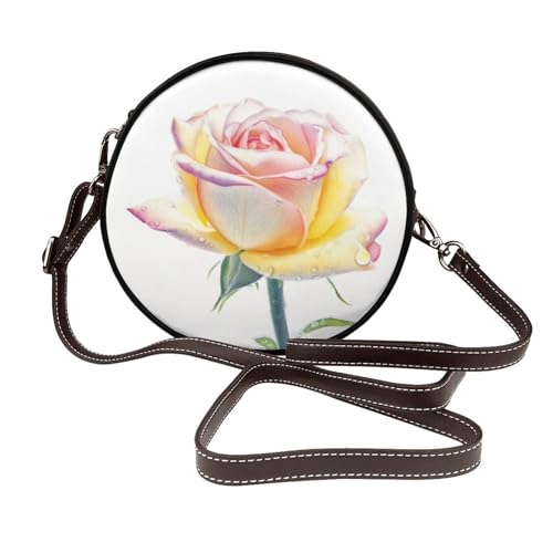 Pink Rose Damen-Umhängetasche, rund, Leder, Schultertasche von Woshuwo