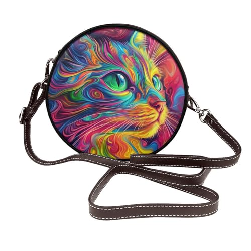 Psychedelic Cat Damen Runde Umhängetasche Leder Sling Bag Geldbörse von Woshuwo