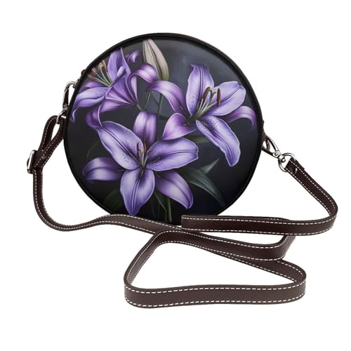 Purple Lilies Damen-Umhängetasche, rund, Leder, Schultertasche von Woshuwo