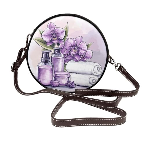 Purple Orchid Flowers And Spa Damen Runde Umhängetasche Leder Sling Bag Geldbörse von Woshuwo