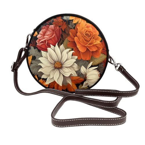 Retro Boho Vintage Herbst Blätter Herbst Blumen Frauen Runde Crossbody Taschen Leder Sling Bag Geldbörse von Woshuwo