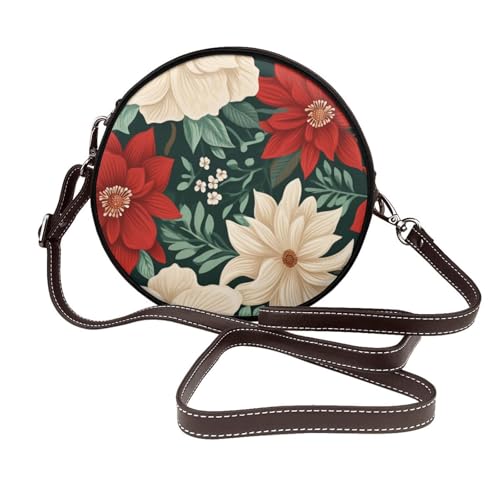 Retro Boho Weihnachten Blumen Frauen Runde Crossbody Taschen Leder Sling Bag Geldbörse von Woshuwo