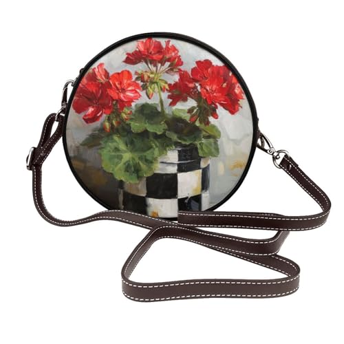 Rote Geranien Damen-Umhängetasche, rund, Leder, Schultertasche von Woshuwo