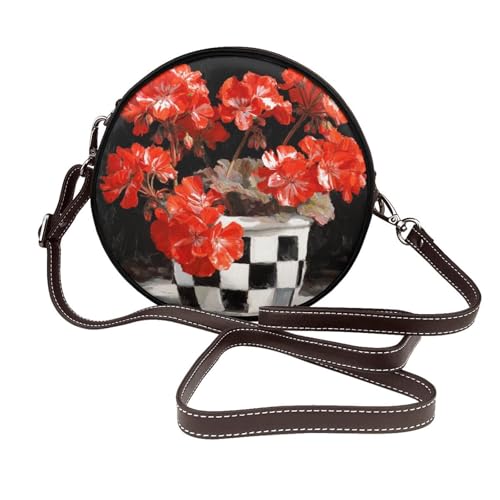 Rote Geranien schwarz weiß karierte Topf Damen Runde Umhängetasche Leder Sling Bag Geldbörse von Woshuwo