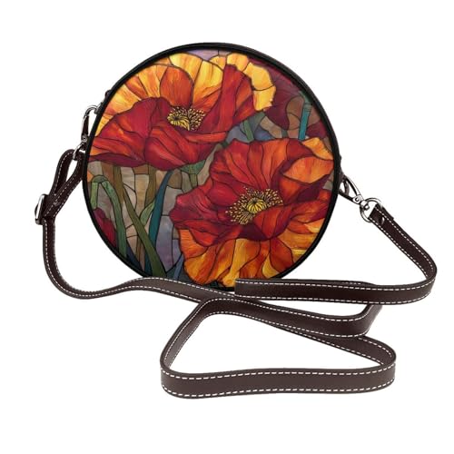 Rote Mohnblumen-Umhängetasche für Damen, rund, Leder, Schultertasche von Woshuwo