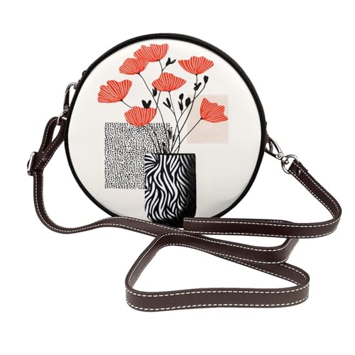Rote Mohnblumen in Vase mit Zebrastreifen für Damen, runde Umhängetasche, Leder, Schultertasche von Woshuwo