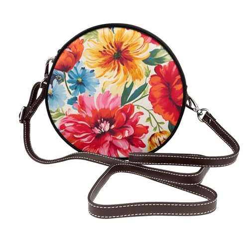 Runde, bunte Umhängetasche für Damen, Blumenmuster, Leder, Schultertasche von Woshuwo