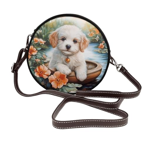 Runde Umhängetasche aus Leder mit Buntglas-Motiv für Welpen auf dem Boot von Woshuwo