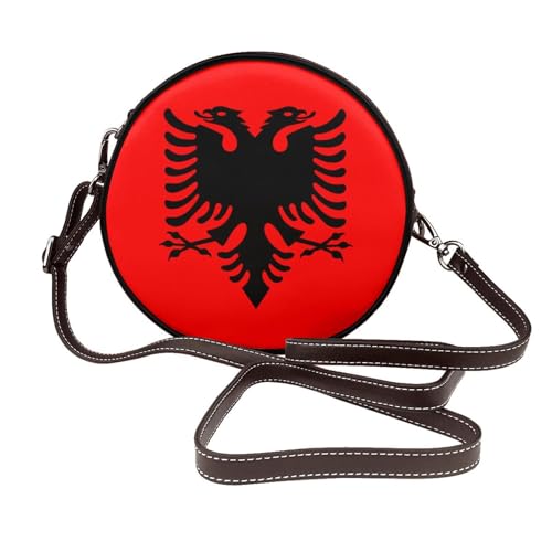 Runde Umhängetasche für Damen, Albanien-Flagge, Leder, Schultertasche von Woshuwo