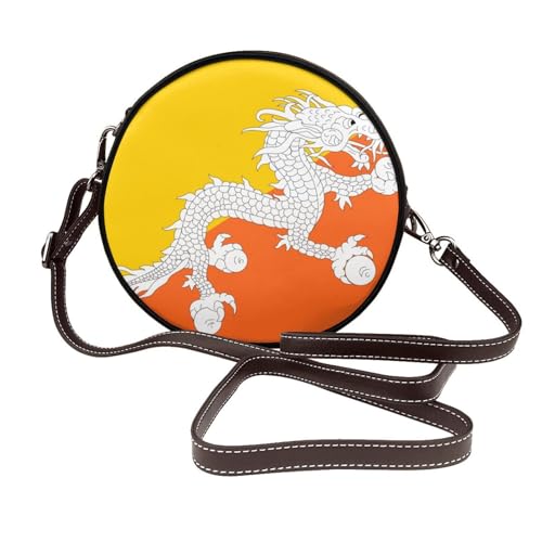 Runde Umhängetasche für Damen, Bhutan-Flagge, Leder, Schultertasche von Woshuwo