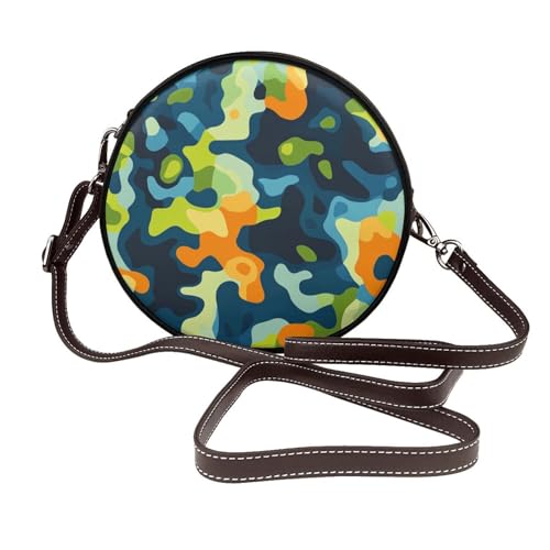 Runde Umhängetasche für Damen, Camouflage-Muster, Leder, Schultertasche von Woshuwo