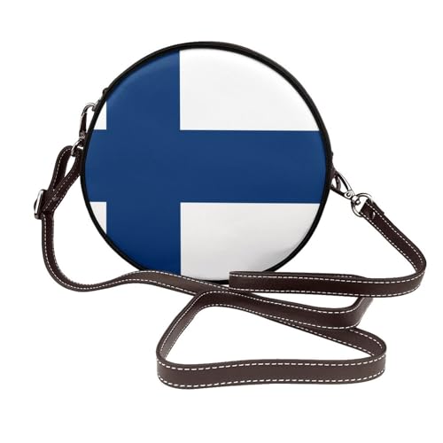 Runde Umhängetasche für Damen, Finnland-Flagge, Leder, Schultertasche von Woshuwo