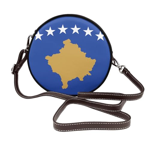 Runde Umhängetasche für Damen, Kosovo-Flagge, Leder, Schultertasche von Woshuwo