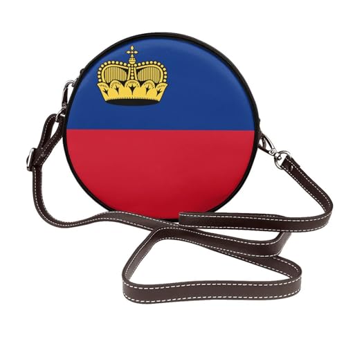 Runde Umhängetasche für Damen, Liechtenstein-Flagge, Leder, Schultertasche von Woshuwo