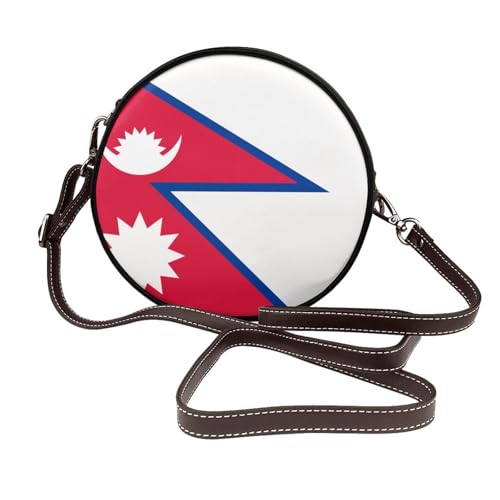 Runde Umhängetasche für Damen, Nepal-Flagge, Leder, Schultertasche von Woshuwo