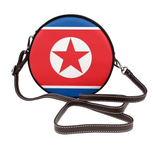 Runde Umhängetasche für Damen, Nordkorea-Flagge, Leder, Schultertasche von Woshuwo