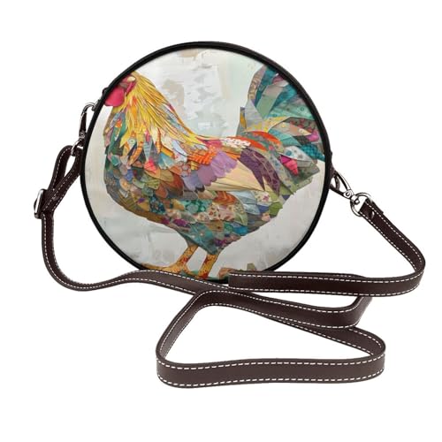 Runde Umhängetasche für Damen, Patchwork-Huhn, Leder, Schultertasche von Woshuwo