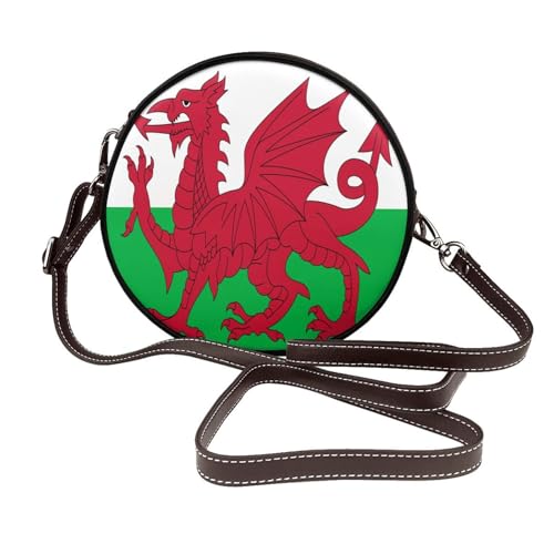 Runde Umhängetasche für Damen, Wales-Flagge, Leder, Schultertasche von Woshuwo