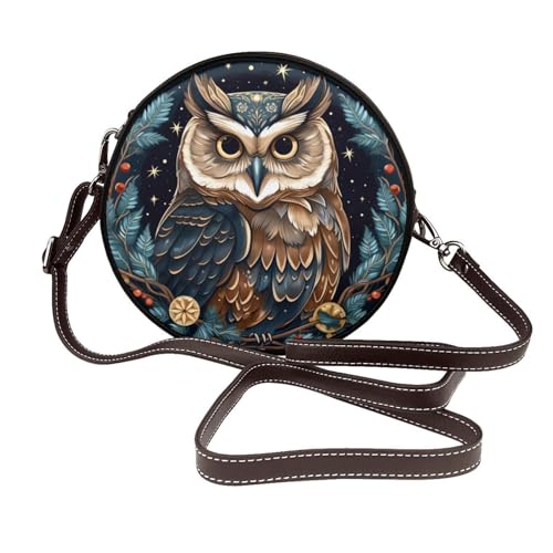 Runde Umhängetasche mit Eulen-Motiv, für Damen, Leder, Schultertasche von Woshuwo