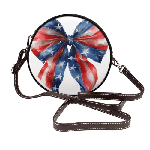 Runde Umhängetasche mit Schleife und amerikanischem Flaggenmuster, Leder, Schultertasche von Woshuwo