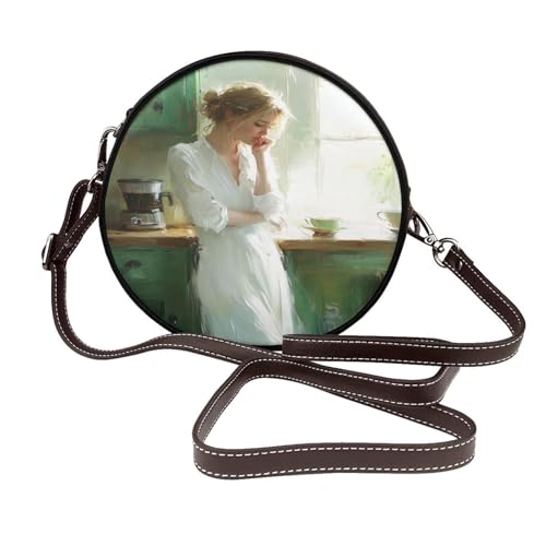 Rustikale Damen-Umhängetasche, grün, rund, Leder, Schultertasche von Woshuwo