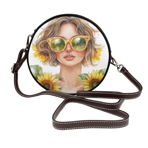 Schöne Damen-Umhängetasche mit Sonnenblumen, rund, Leder, Schultertasche von Woshuwo