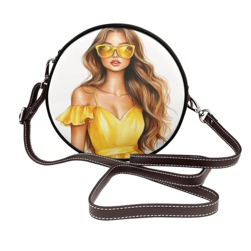 Schöne Damen mit langen Haaren, Sonnenbrille, runde Umhängetasche, Leder-Tragetasche, Geldbörse von Woshuwo
