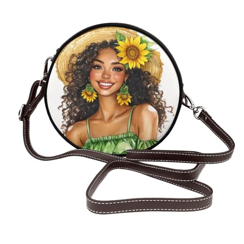 Schwarze Damen-Umhängetasche mit Strohhut, rund, Leder, Schultertasche von Woshuwo